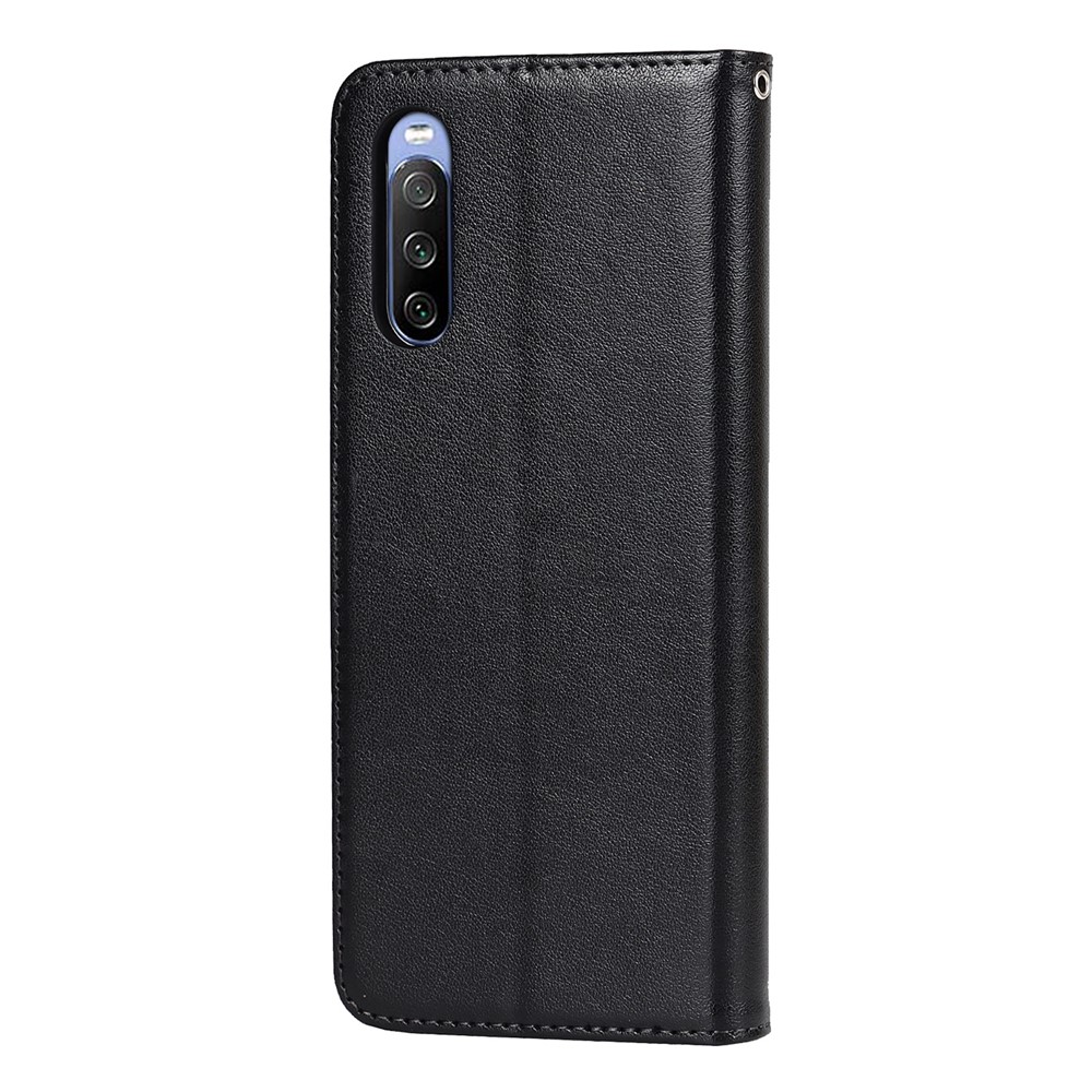 R61 Texture Felled Seam Phone Case PU Leather Anti-scratch Well-protected Wallet Stand Shell with Strap for Sony Xperia 10 III 5G/Xperia 10 III Lite - Black-3