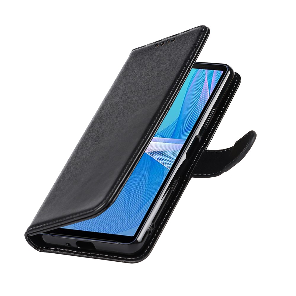 R61 Texture Felled Seam Phone Case PU Leather Anti-scratch Well-protected Wallet Stand Shell with Strap for Sony Xperia 10 III 5G/Xperia 10 III Lite - Black-8