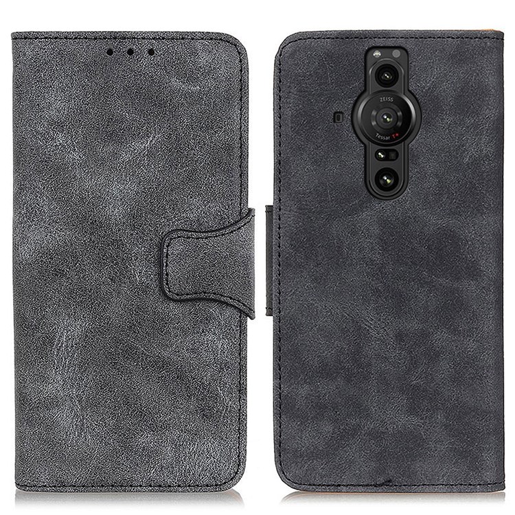 Retro Style Split Leather Scratch-resistant Anti-shock Stand Wallet Magnetic Closure Phone Cover Case for Sony Xperia Pro-I - Grey-1