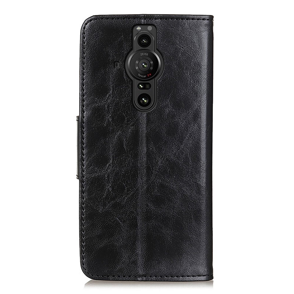 Stylish Crazy Horse Texture Split Leather Wallet Dual-sided Magnetic Closure Anti-scratch Case with Strap for Sony Xperia Pro-I - Black-3
