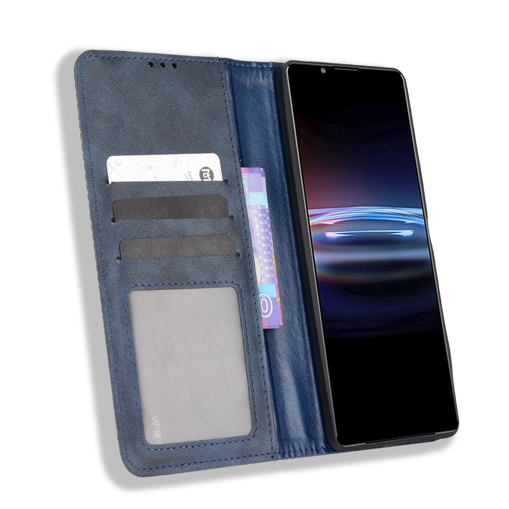 Mosaic Border Pattern Splicing Retro Shockproof Leather Wallet Stand Protective Case for Sony Xperia Pro-I - Blue-4