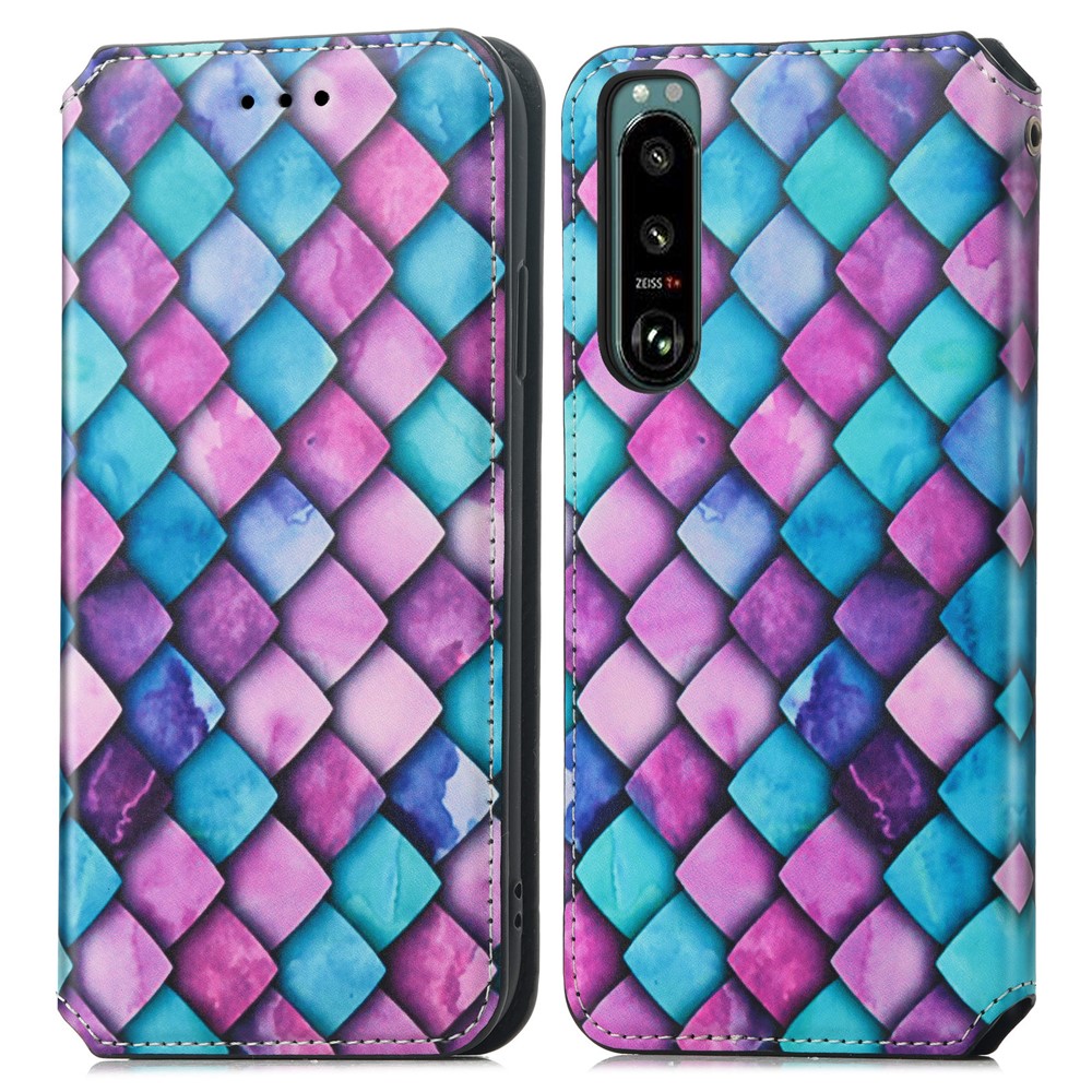 CASENEO 001 Series Pattern Printing Phone Case Drop-proof Automatic Closing RFID Blocking Function Leather Wallet Phone Stand Cover for Sony Xperia 5 III 5G - Purple Scale-1