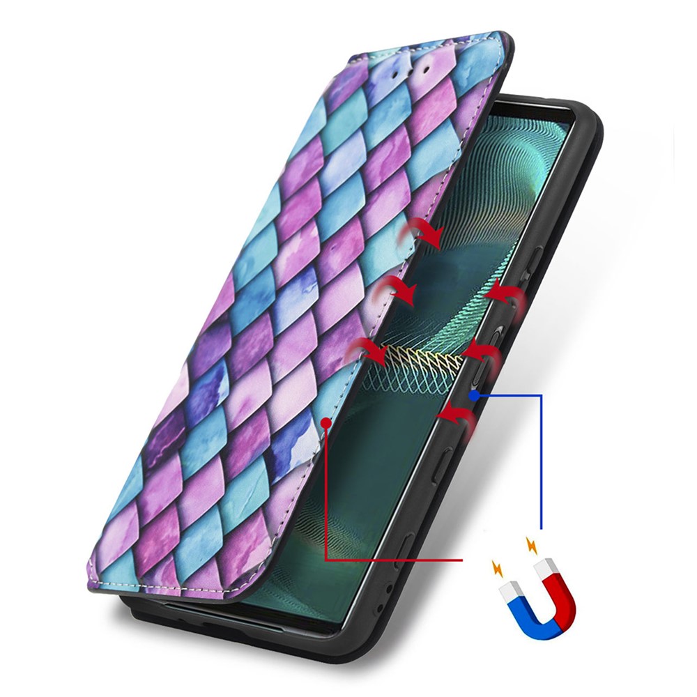 CASENEO 001 Series Pattern Printing Phone Case Drop-proof Automatic Closing RFID Blocking Function Leather Wallet Phone Stand Cover for Sony Xperia 5 III 5G - Purple Scale-8