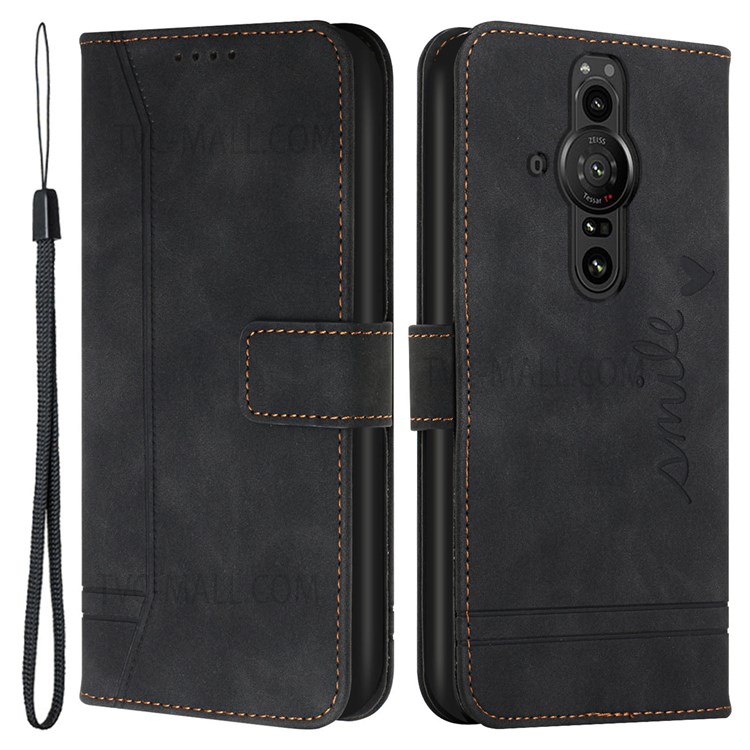 003 Series Wrist Strap TPU+PU Leather Heart Imprinted Magnetic Skin-touch Stand Flip Wallet Phone Case for Sony Xperia Pro-I - Black-1