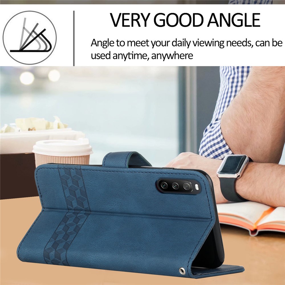 YX0010 Rhombus Lines Imprinting Magnetic Clasp Skin-touch Feel Leather Flip Cover + Soft Inner Shell Stand Wallet Cellphone Protector Case for Sony Xperia 10 III 5G/10 III Lite - Blue-5