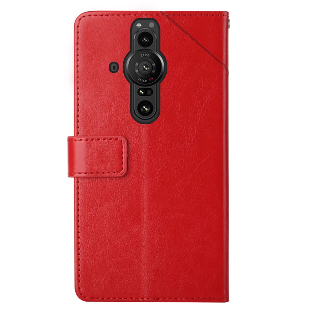 For Sony Xperia Pro-I Imprinted Y-shaped Scratch-resistant Lines Magnetic PU Leather Stand Flip Wallet Phone Cover with Strap - Red-9