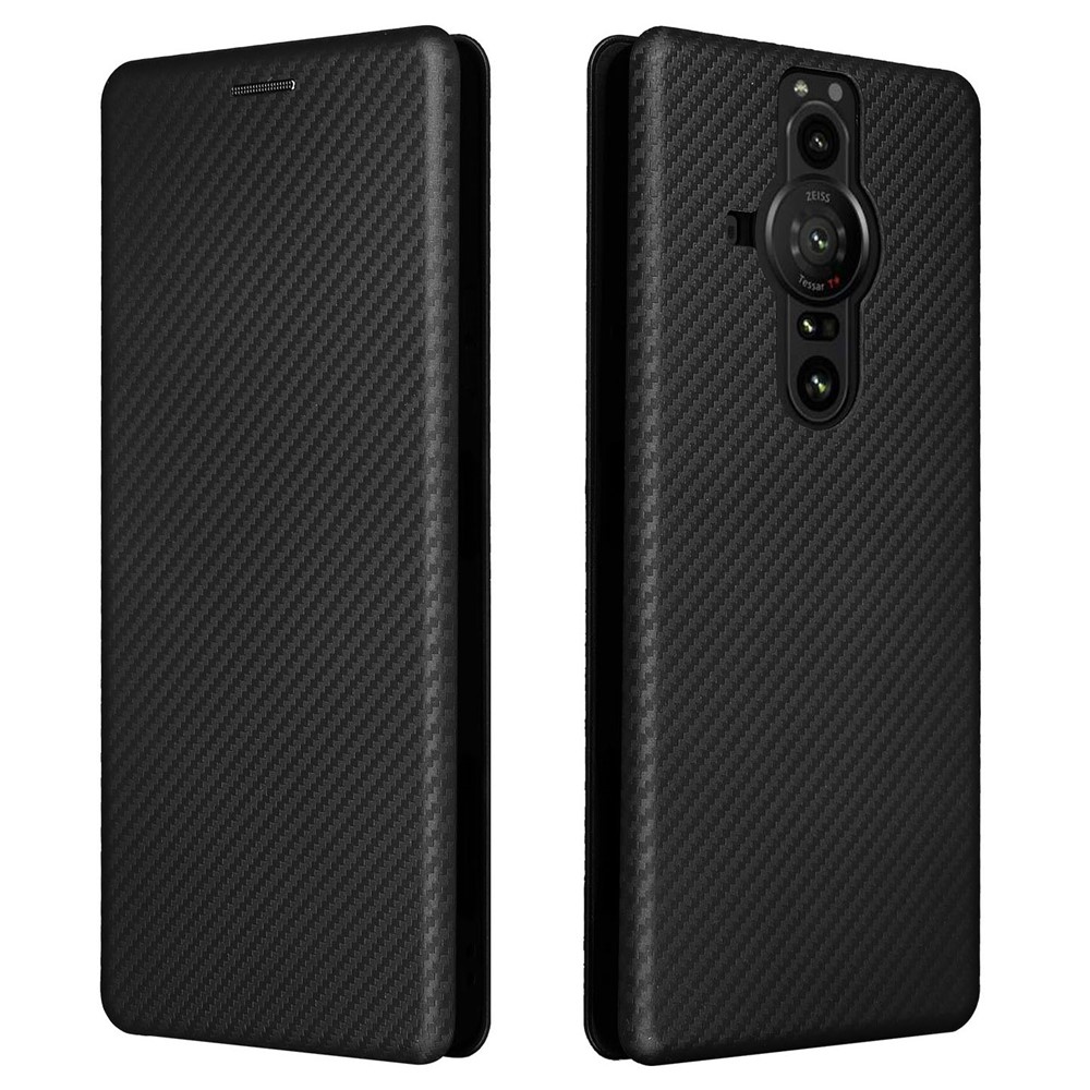 For Sony Xperia Pro-I Ring Strap Carbon Fiber Texture Case Well-protected Auto-absorbed Magnetic Closure Leather Phone Cover with Stand - Black-1