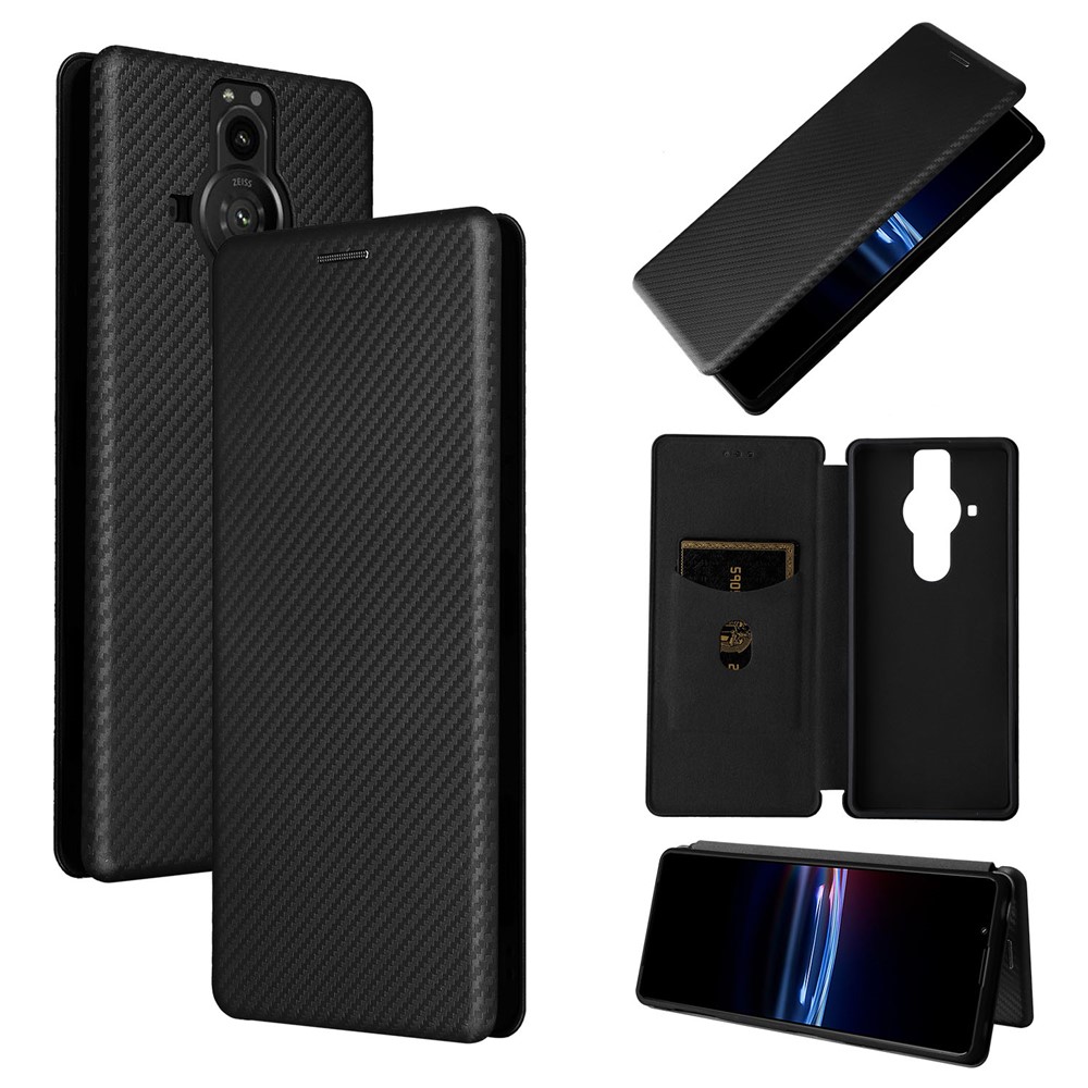For Sony Xperia Pro-I Ring Strap Carbon Fiber Texture Case Well-protected Auto-absorbed Magnetic Closure Leather Phone Cover with Stand - Black-11