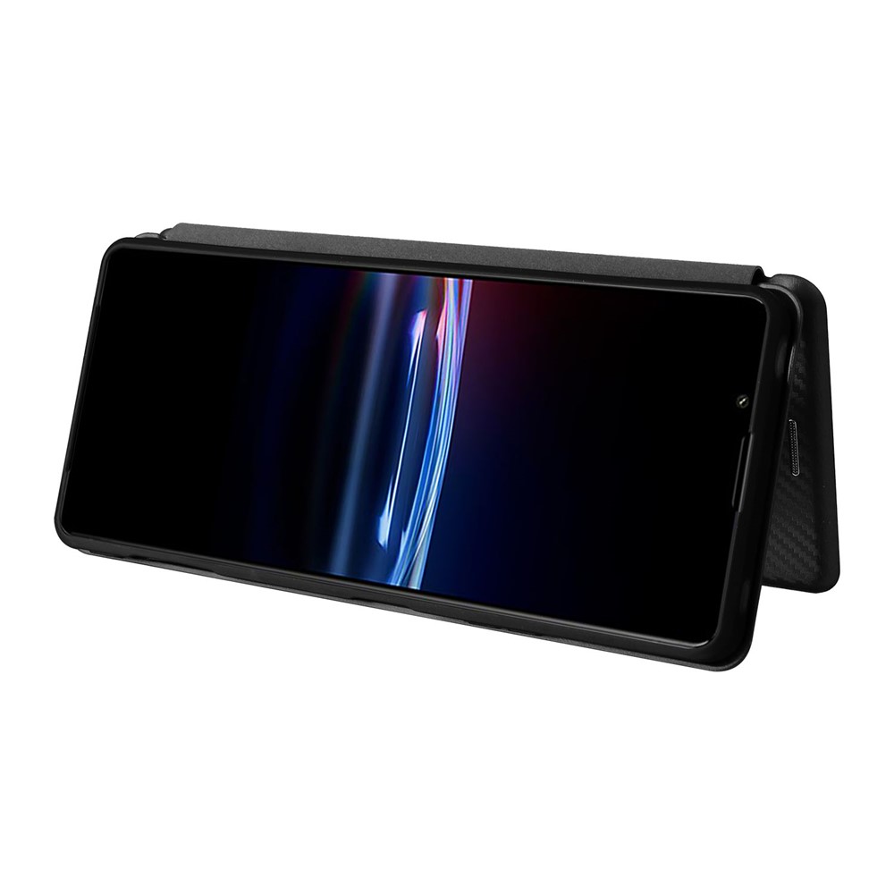 For Sony Xperia Pro-I Ring Strap Carbon Fiber Texture Case Well-protected Auto-absorbed Magnetic Closure Leather Phone Cover with Stand - Black-4