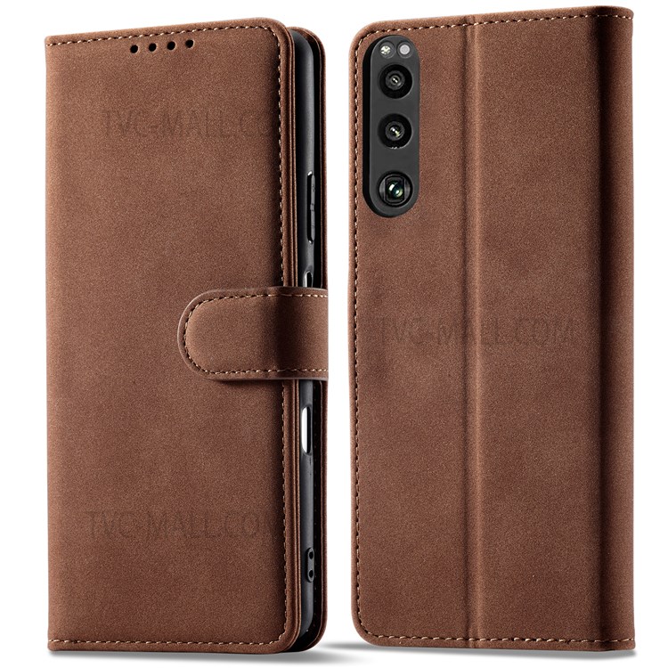 For Sony Xperia 5 III 5G Drop-proof Matte PU Leather RFID Blocking Flip Wallet Well-protected Phone Case with Stand - Dark Brown-1