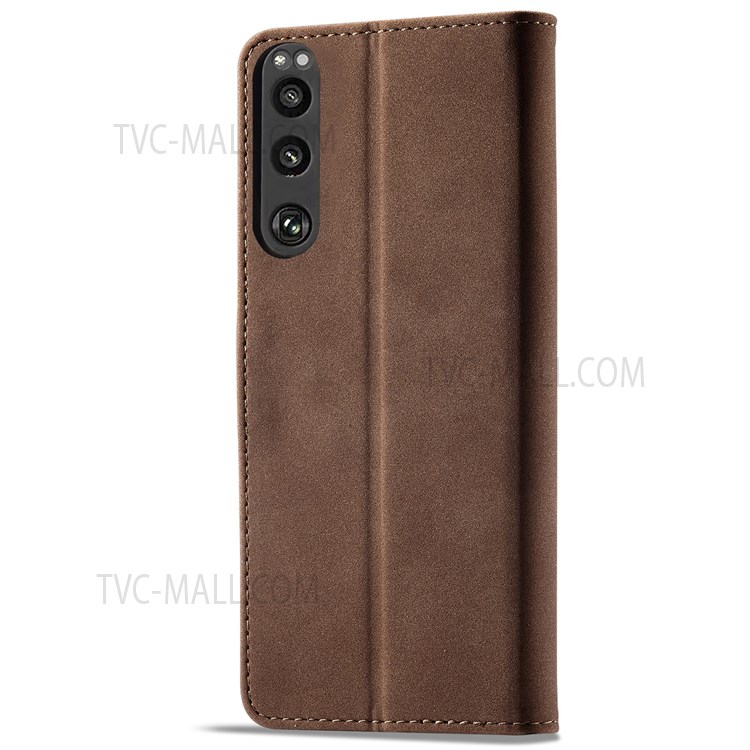 For Sony Xperia 5 III 5G Drop-proof Matte PU Leather RFID Blocking Flip Wallet Well-protected Phone Case with Stand - Dark Brown-3