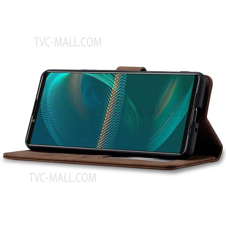 For Sony Xperia 5 III 5G Drop-proof Matte PU Leather RFID Blocking Flip Wallet Well-protected Phone Case with Stand - Dark Brown-5