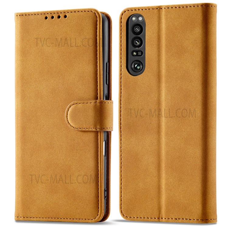 For Sony Xperia 1 III 5G Shockproof Anti-scratch Matte PU Leather RFID Blocking Wallet Phone Case with Stand - Light Brown-1