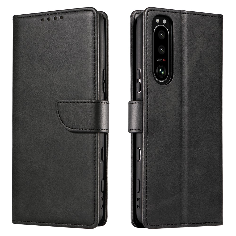 Magnetic Clasp Textured PU Leather + Soft TPU Phone Cover Case for Sony Xperia 5 III 5G - Black-1