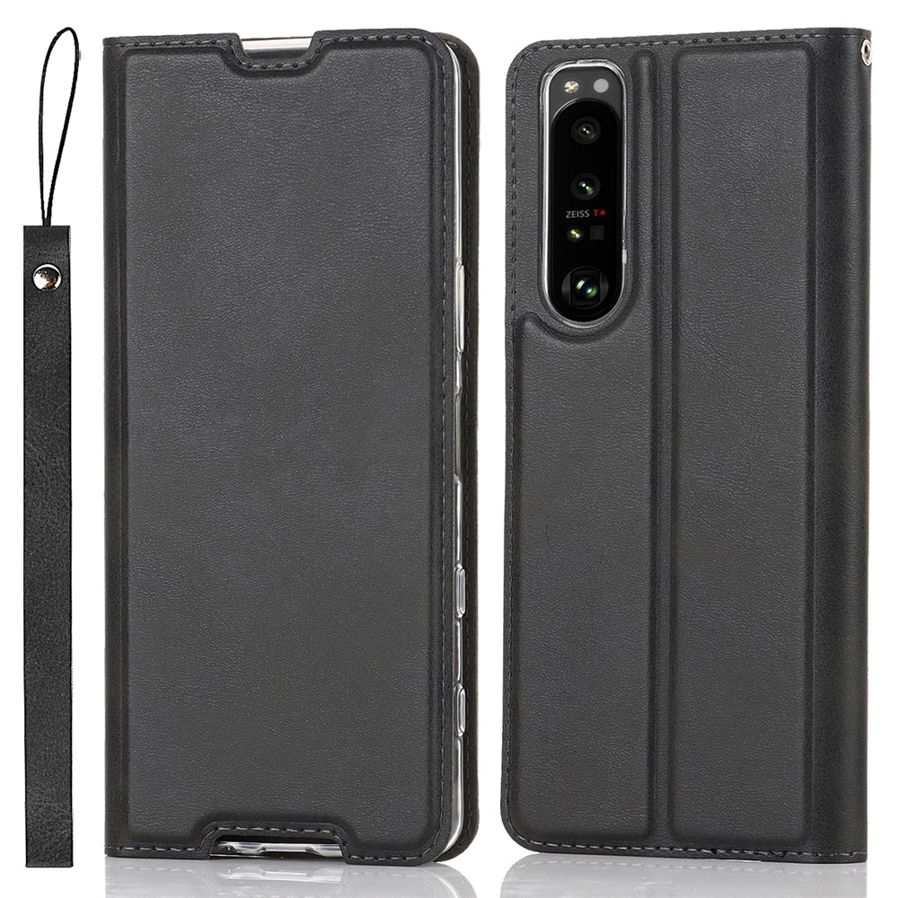 Wrist Strap Textured PU Leather Card Holder Drop-proof Phone Cover Stand Phone Shell for Sony Xperia 5 III 5G - Black-1