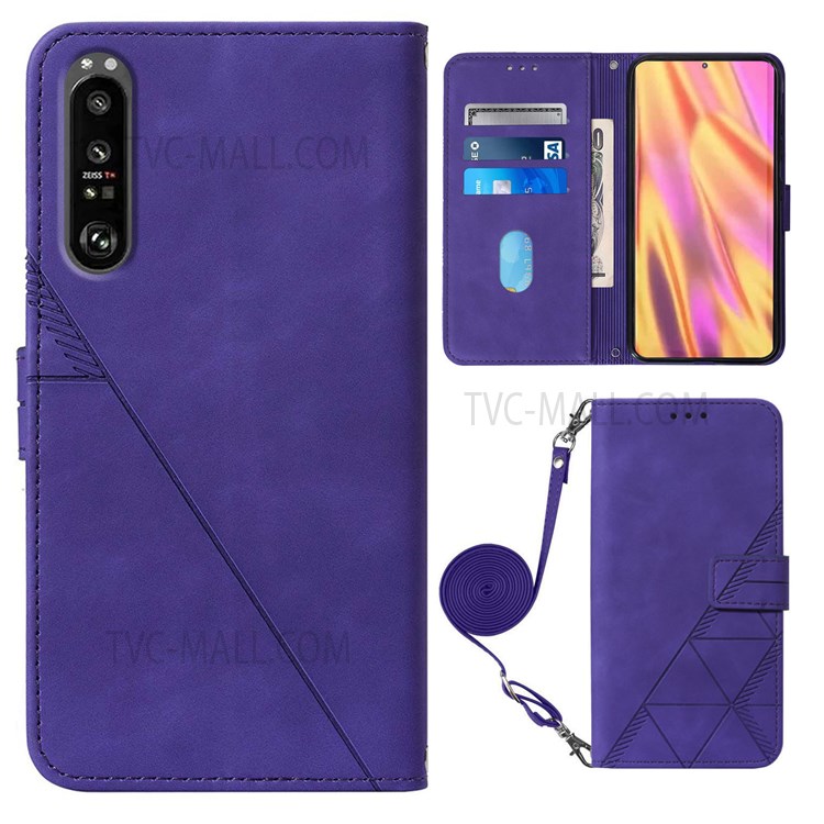 PB2-1 Series Anti-fall PU Leather Phone Cover Shell Scratch Resistant Imprinted Phone Case with Long Strap Wallet for Sony Xperia 1 III 5G - Purple-1
