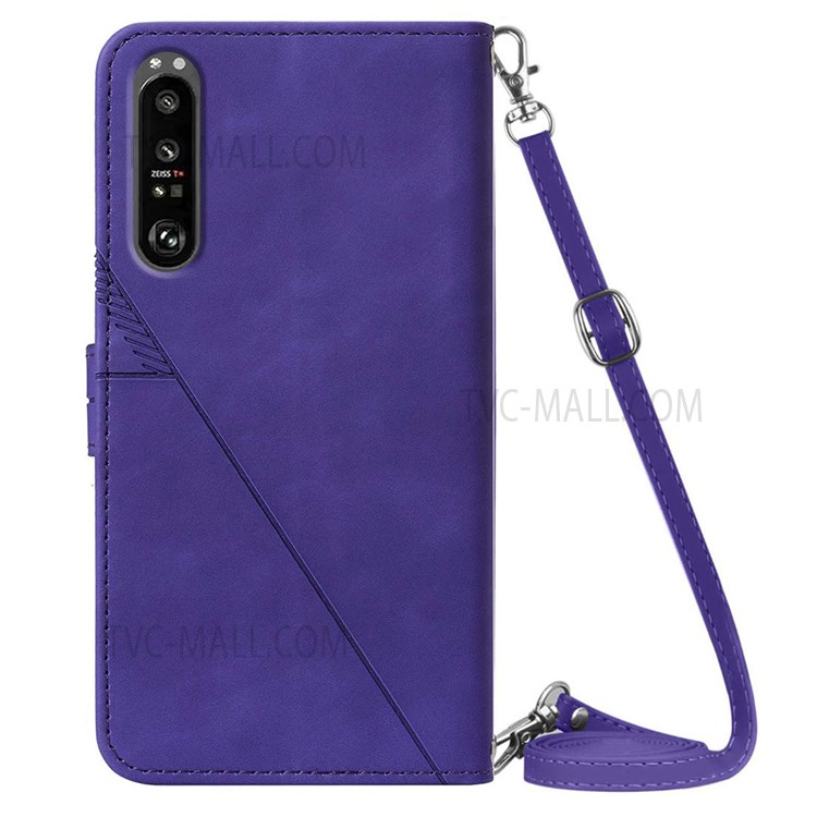 PB2-1 Series Anti-fall PU Leather Phone Cover Shell Scratch Resistant Imprinted Phone Case with Long Strap Wallet for Sony Xperia 1 III 5G - Purple-3