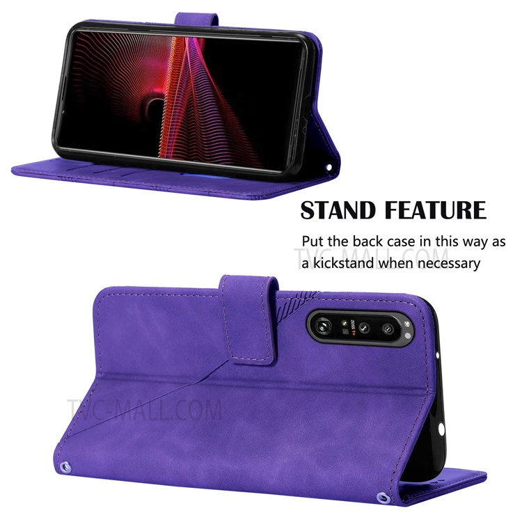 PB2-1 Series Anti-fall PU Leather Phone Cover Shell Scratch Resistant Imprinted Phone Case with Long Strap Wallet for Sony Xperia 1 III 5G - Purple-5