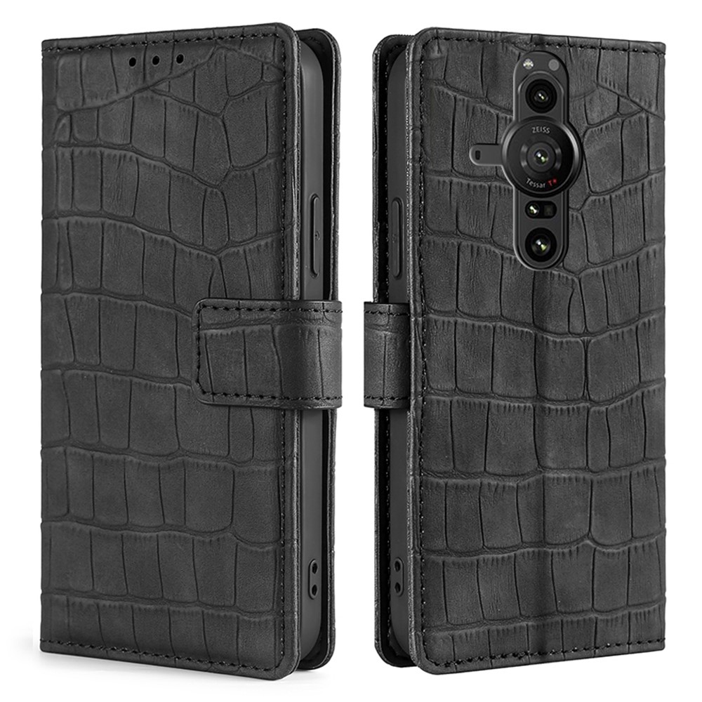 Wallet Stand Flip Full Protective Cover Skin-touch Feeling PU Leather Crocodile Texture Phone Case for Sony Xperia Pro-I - Black-1