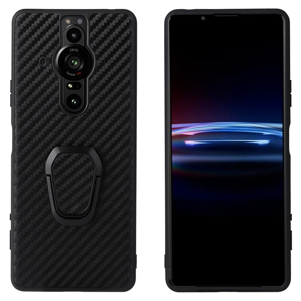 Kickstand Textured Surface PU Leather Coated TPU + PC Hybrid Phone Case Cover with Car Mount Metal Sheet for Sony Xperia Pro-I - Carbon Fiber-1