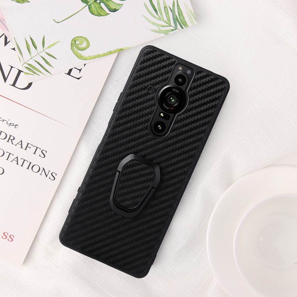 Kickstand Textured Surface PU Leather Coated TPU + PC Hybrid Phone Case Cover with Car Mount Metal Sheet for Sony Xperia Pro-I - Carbon Fiber-2