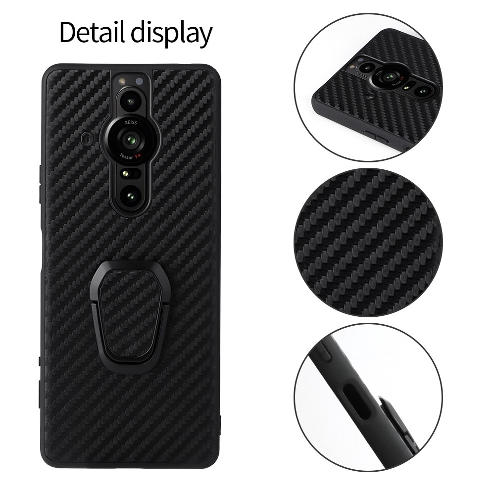Kickstand Textured Surface PU Leather Coated TPU + PC Hybrid Phone Case Cover with Car Mount Metal Sheet for Sony Xperia Pro-I - Carbon Fiber-3