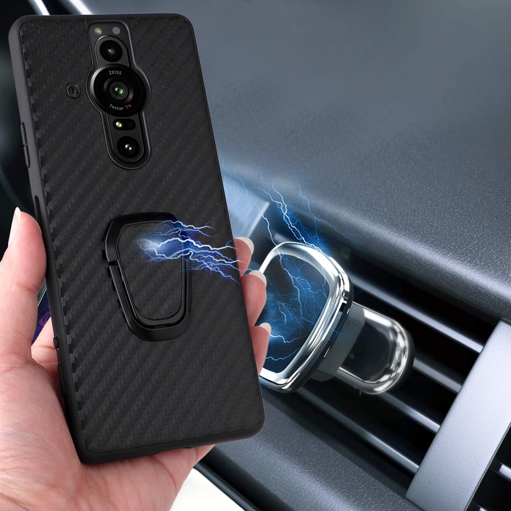 Kickstand Textured Surface PU Leather Coated TPU + PC Hybrid Phone Case Cover with Car Mount Metal Sheet for Sony Xperia Pro-I - Carbon Fiber-7