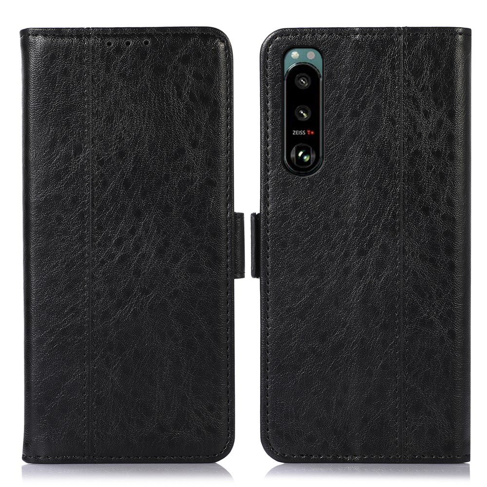 Crazy Horse Texture PU Leather Cover for Sony Xperia 5 III 5G Side Magnetic Clasps Case Wallet Stand Phone Shell - Black-1