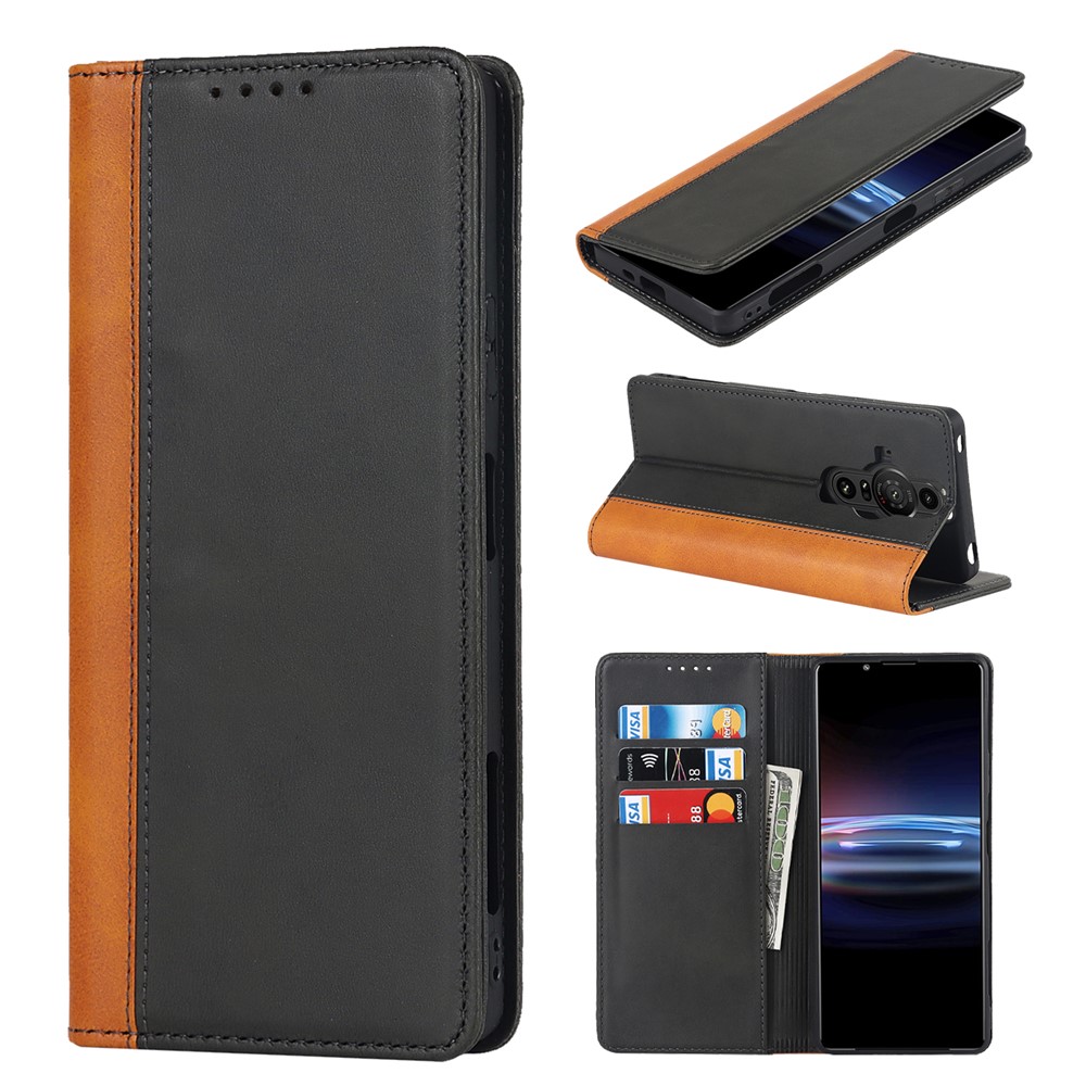 For Sony Xperia Pro-I Bi-color Splicing Magnetic Auto-absorbed PU Leather Phone Case with Wallet Stand - Black/Yellow-10