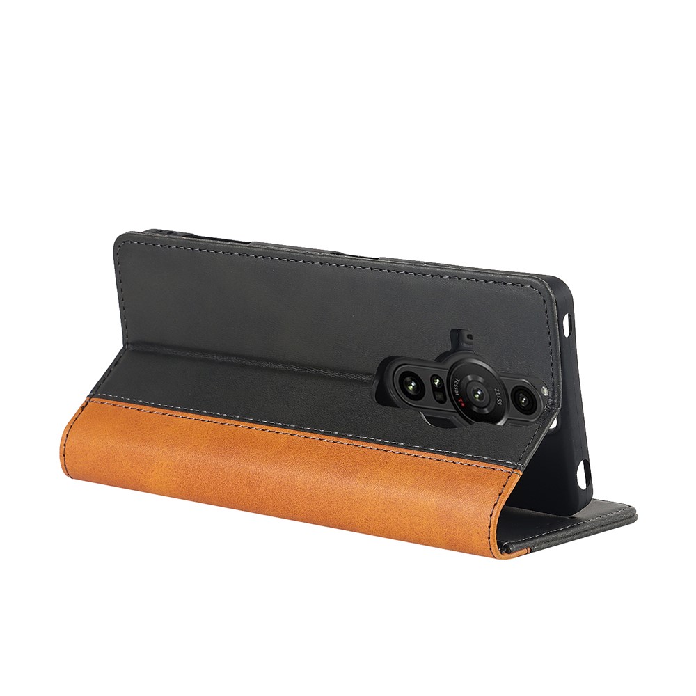 For Sony Xperia Pro-I Bi-color Splicing Magnetic Auto-absorbed PU Leather Phone Case with Wallet Stand - Black/Yellow-5