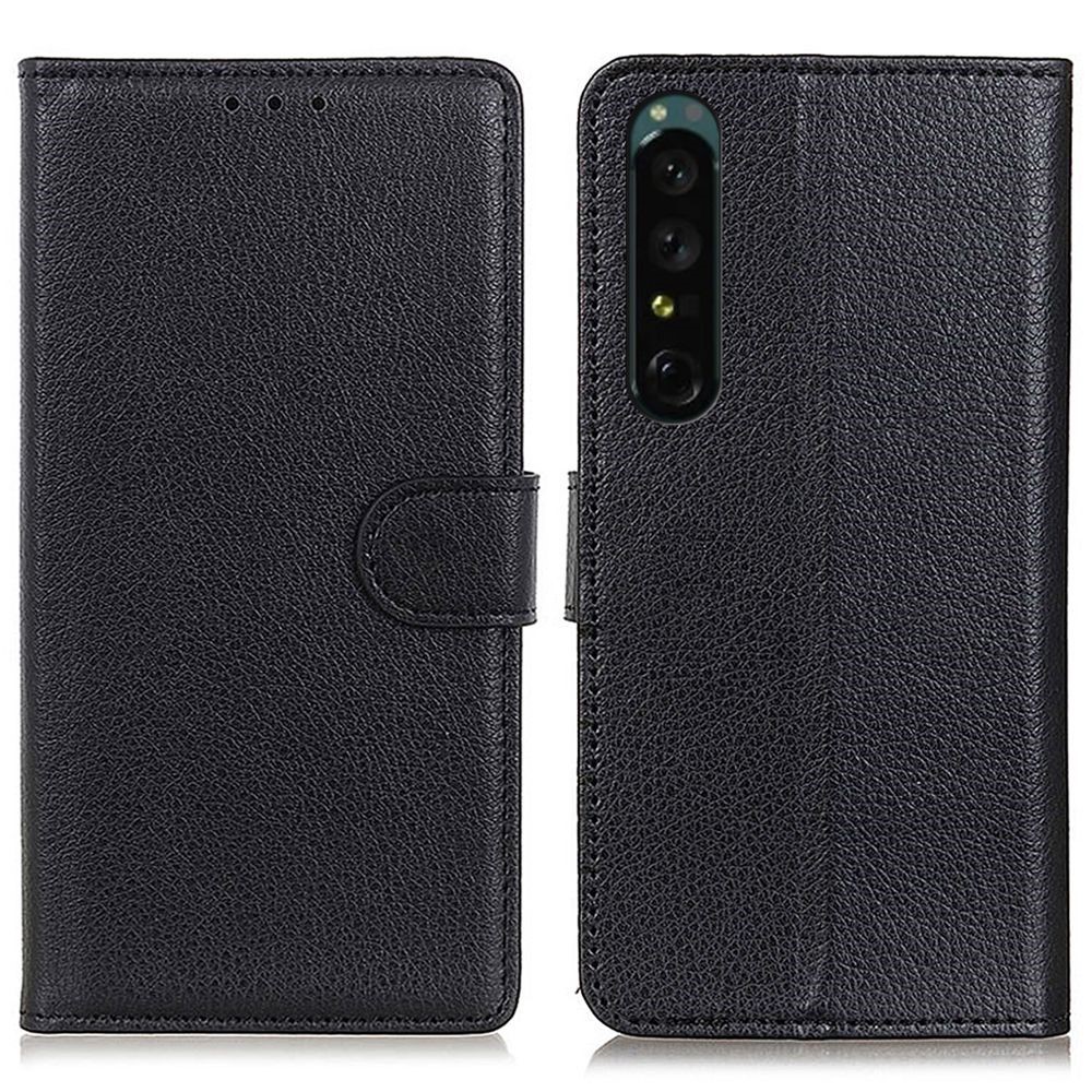 Litchi Texture Phone Case for Sony Xperia 1 IV, Stand Wallet PU Leather Folio Flip Cover - Black-1
