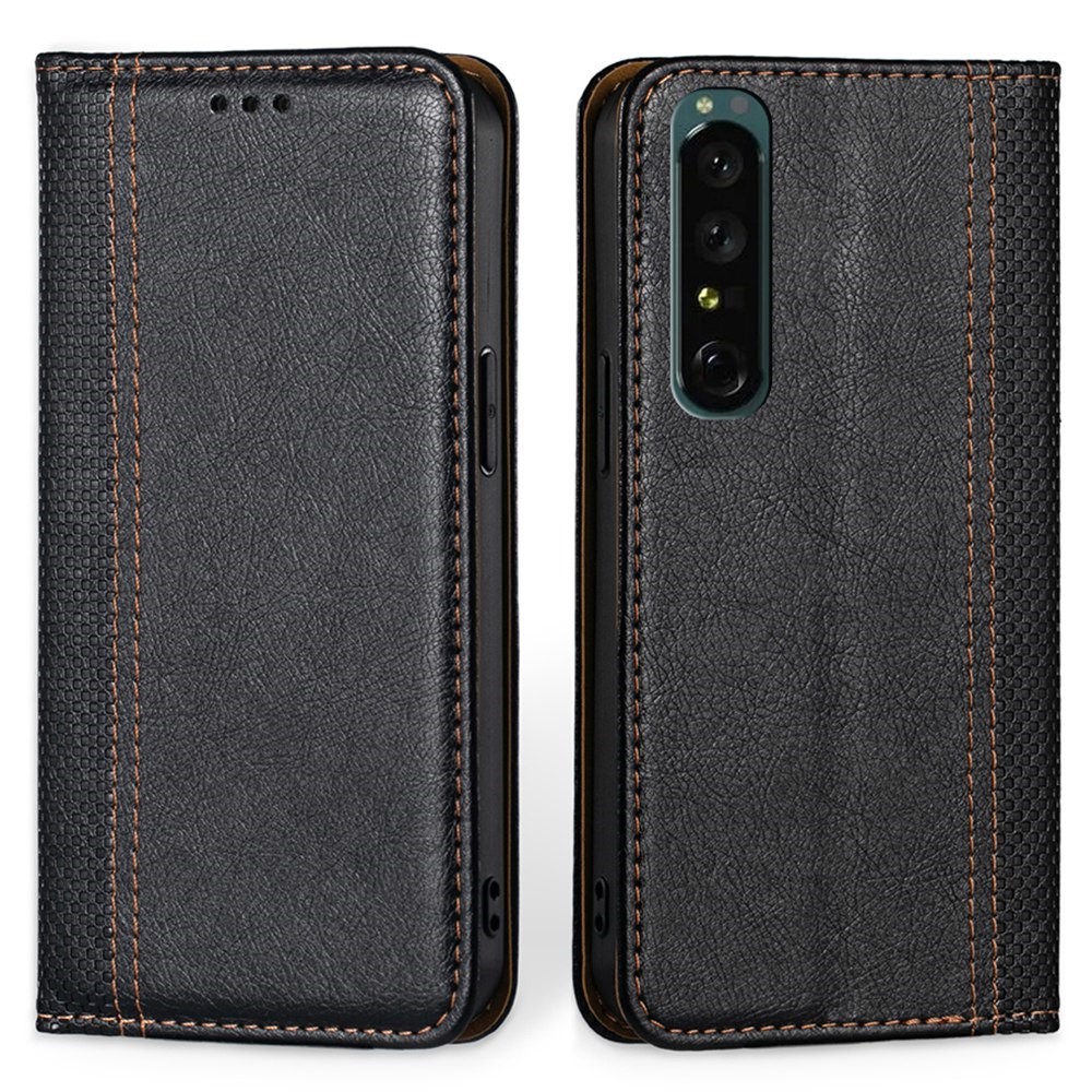 For Sony Xperia 1 IV Plaid Pattern Stand Case PU Leather Magnetic Auto-absorbed Closure Card Holder Phone Cover - Black-1