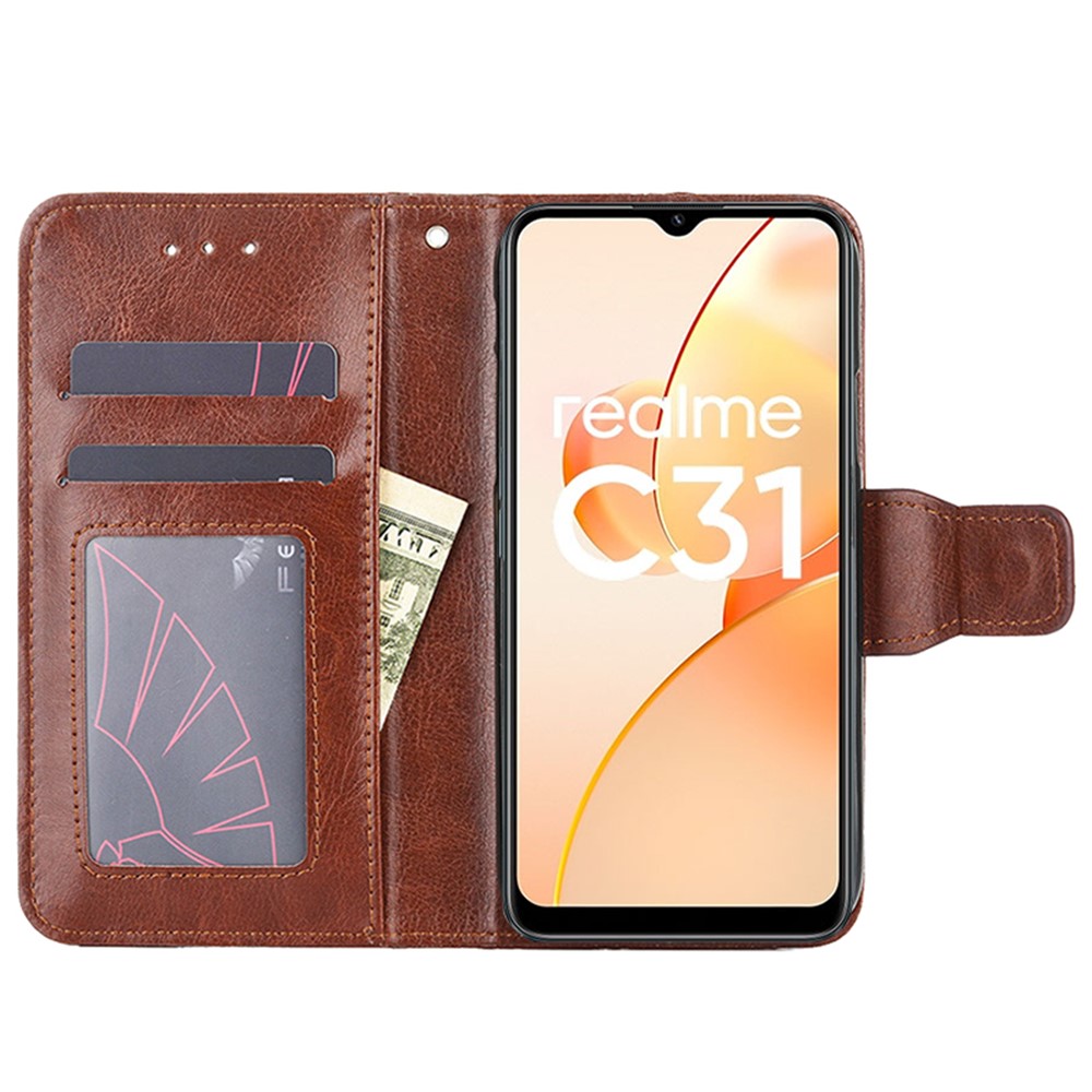 For Realme C31 Wallet Phone Case PU Leather Magnetic Clasp Stand Flip Cover - Brown-3