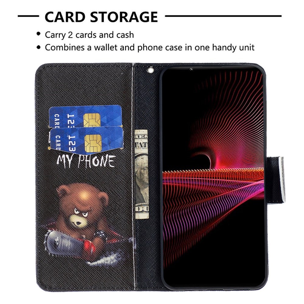 For Sony Xperia 1 III 5G BF Pattern Printing Leather Series-1 Inner and Outer Patterned Leather Case, Anti-Drop Folio Flip PU Leather Wallet Stand Phone Case Accessory - Bear-3