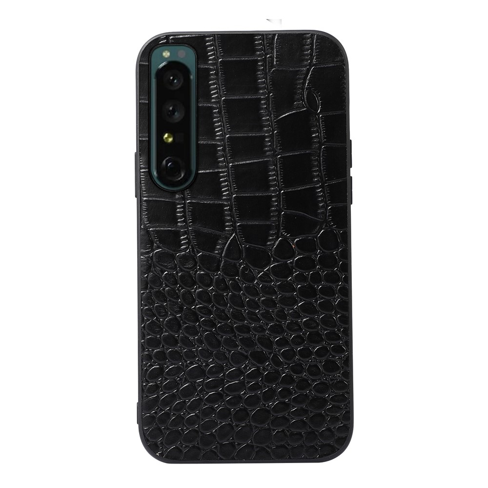 Genuine Cowhide Leather Phone Case for Sony Xperia 1 IV Shockproof Cover Crocodile Texture Phone Back Shell - Black-1