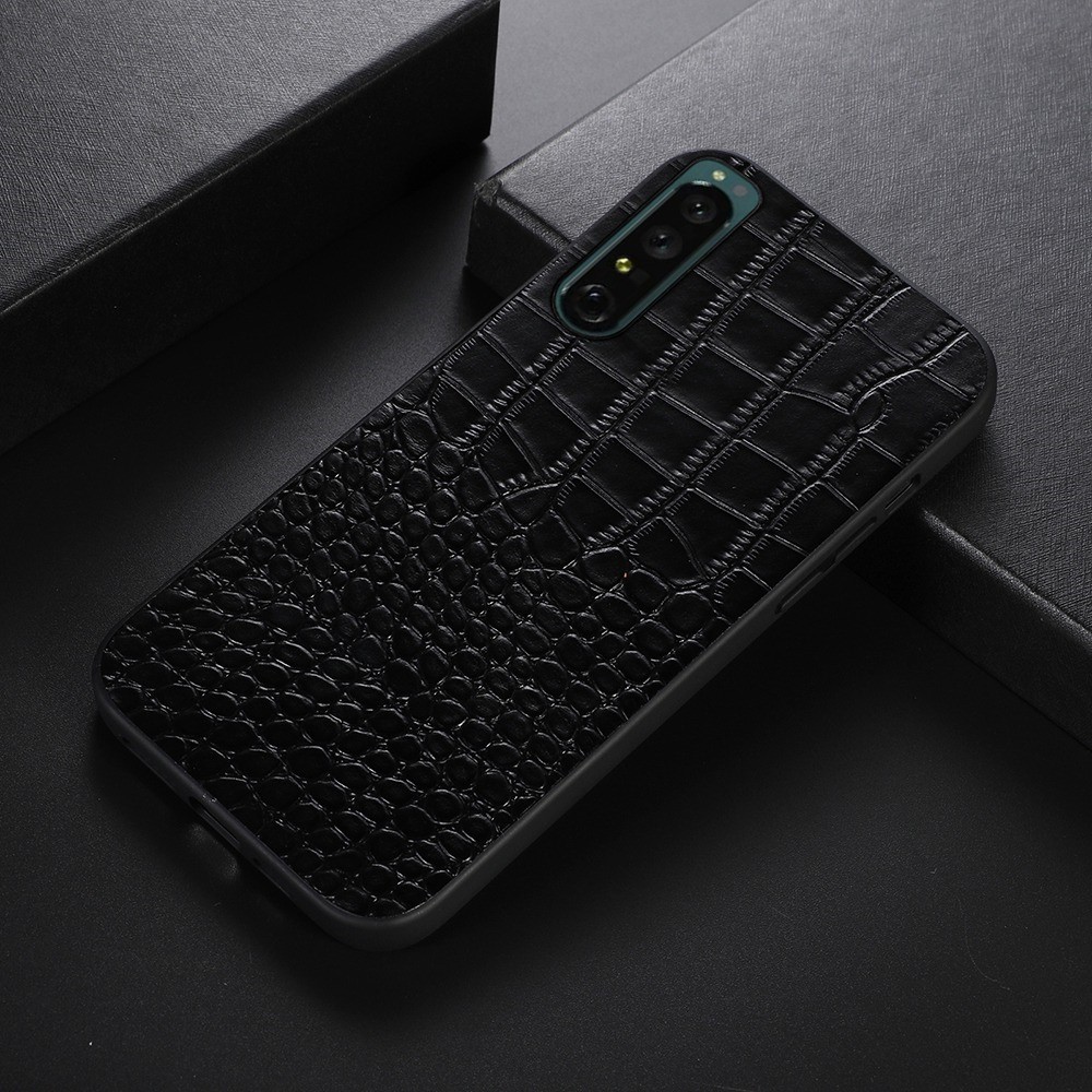 Genuine Cowhide Leather Phone Case for Sony Xperia 1 IV Shockproof Cover Crocodile Texture Phone Back Shell - Black-2
