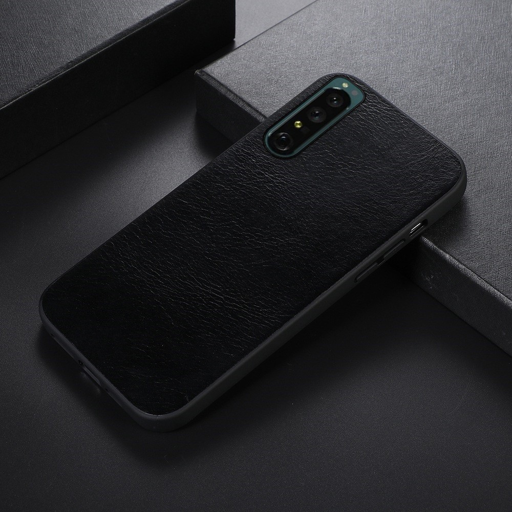 Protective Slim Case for Sony Xperia 1 IV Genuine Cowhide Leather Coated Hybrid Shockproof Cover Crazy Horse Texture Phone Protector - Black-2