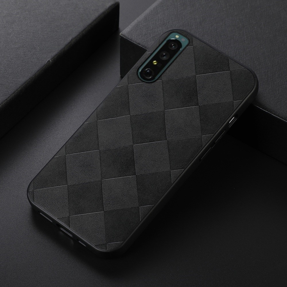 Slim Phone Case for Sony Xperia 1 IV Grid Texture PU Leather Coated Hybrid Phone Cover Shockproof Phone Back Shell - Black-2