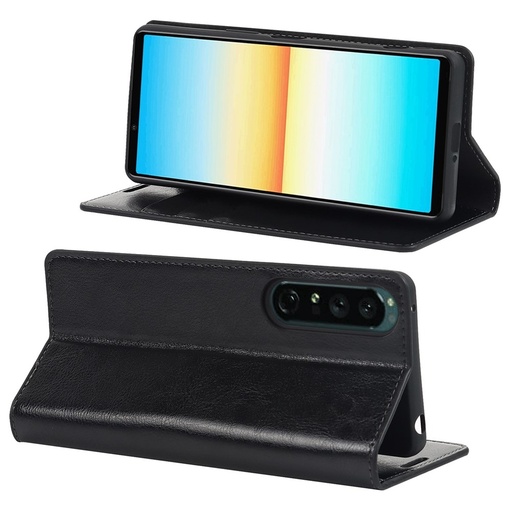 For Sony Xperia 1 IV Genuine Leather Wallet Phone Case Crazy Horse Texture Stand Full Protection Magnetic Absorption Cover - Black-3