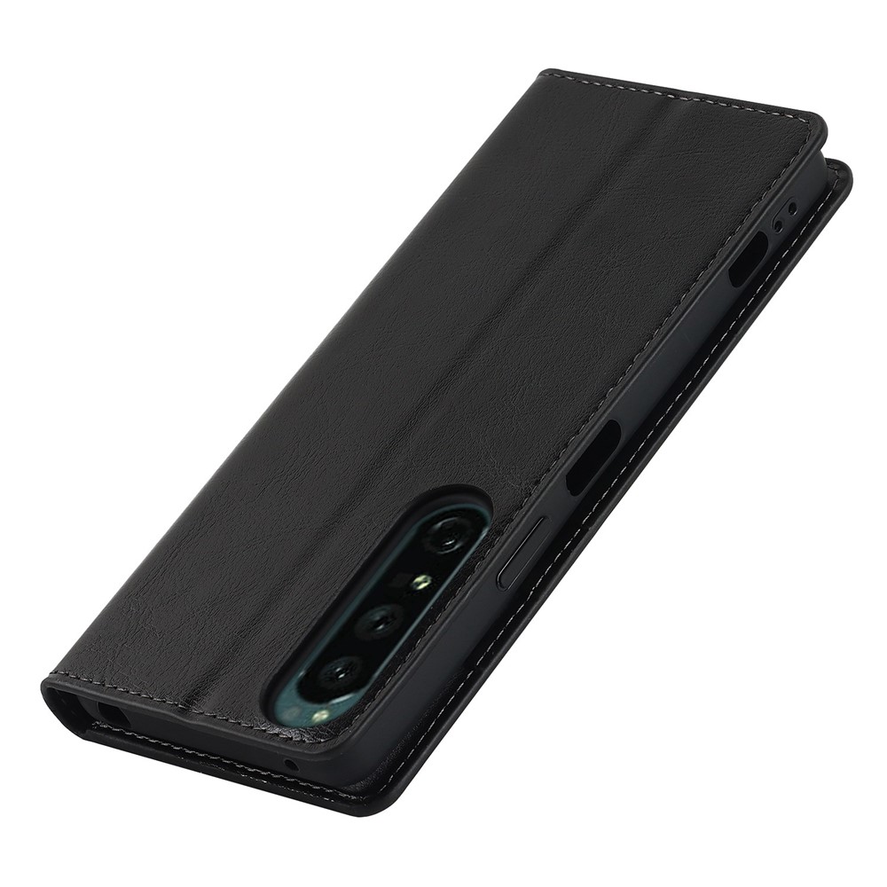 For Sony Xperia 1 IV Genuine Leather Wallet Phone Case Crazy Horse Texture Stand Full Protection Magnetic Absorption Cover - Black-6