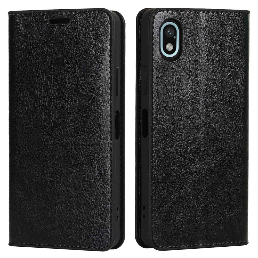For Sony Xperia Ace III Genuine Leather Phone Case, Anti-scratch Wallet Stand Crazy Horse Texture Shell - Black-1
