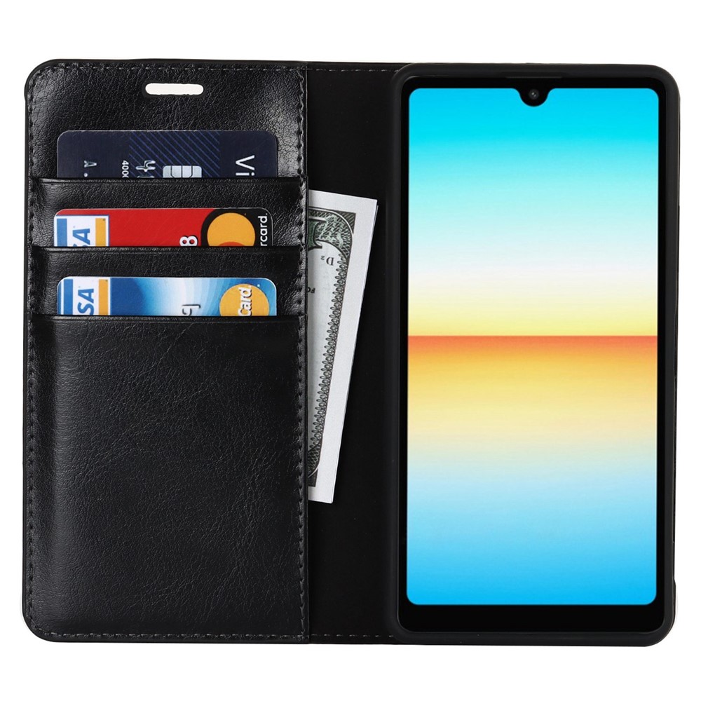 For Sony Xperia Ace III Genuine Leather Phone Case, Anti-scratch Wallet Stand Crazy Horse Texture Shell - Black-2