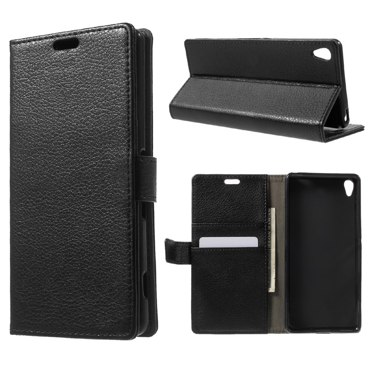 Litchi Skin Leather Wallet Stand Case for Sony Xperia XA / XA Dual - Black-1