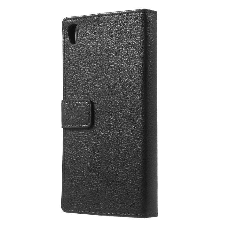 Litchi Skin Leather Wallet Stand Case for Sony Xperia XA / XA Dual - Black-2