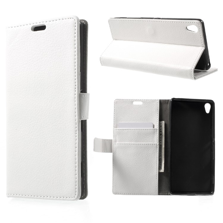 Litchi Skin Leather Wallet Stand Cover for Sony Xperia XA / XA Dual - White-1