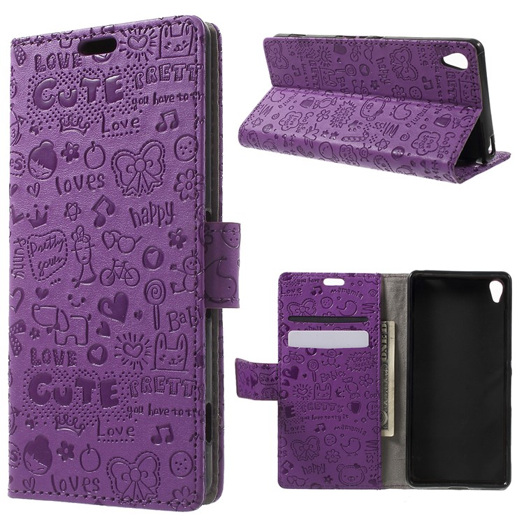 Cartoon Graffiti Leather Wallet Phone Cover for Sony Xperia XA/Dual - Purple-1