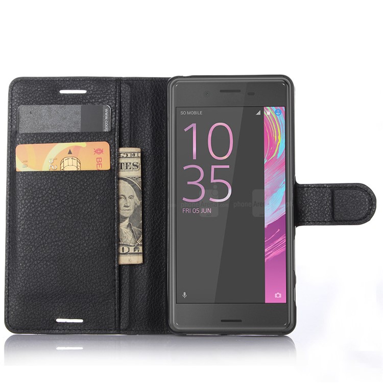 Lychee Skin Wallet Leather Stand Case for Sony Xperia X - Black-3