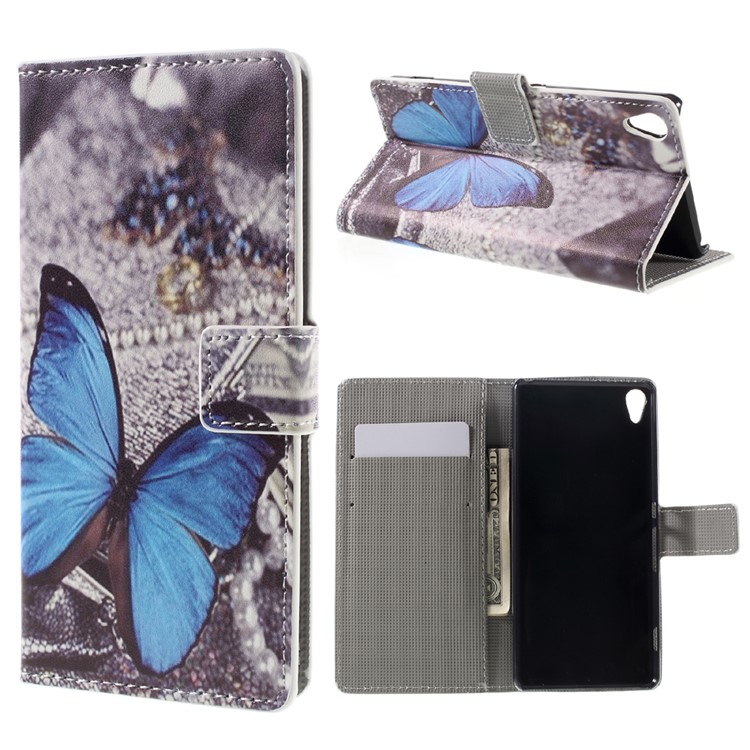Leather Case with Wallet Slots for Sony Xperia XA / XA Dual - Blue Butterfly-1
