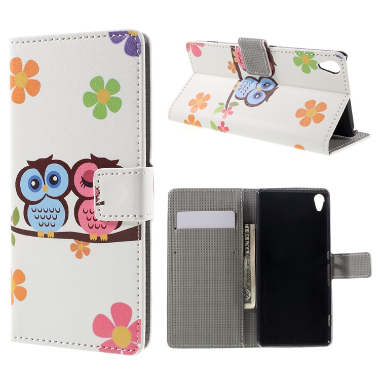 Leather Flip Cover Case for Sony Xperia XA / XA Dual - Owl Lovers and Flowers-1