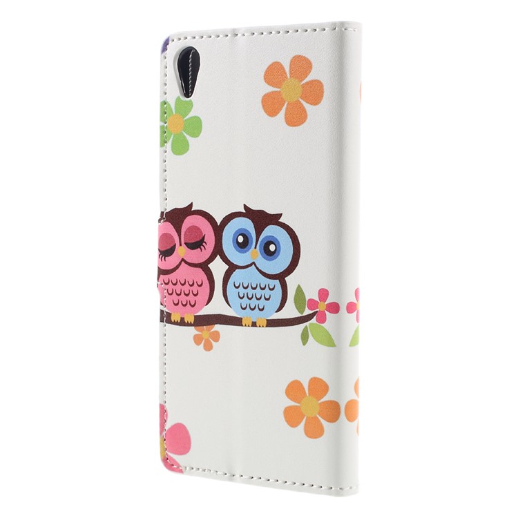 Leather Flip Cover Case for Sony Xperia XA / XA Dual - Owl Lovers and Flowers-2